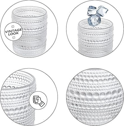 ZOOFOX Set of 6 Romantic Water Glasses, 12 oz Hobnail Glasses Tumbler, Clear Embossed Vintage Glassware Set for Beer, Cocktail, Soda, Beverages