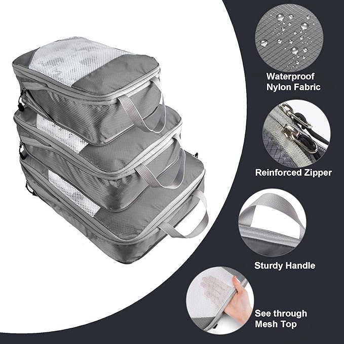 3 Set Compression Packing Cubes for Travel, Lightweight Packing Travel Organizer Zipper Cubes Set,Durable Travel Essentials Accessories Expandable Storage Travel Luggage Bags Organizers Set