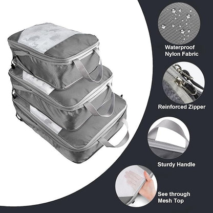 3 Set Compression Packing Cubes for Travel, Lightweight Packing Travel Organizer Zipper Cubes Set,Durable Travel Essentials Accessories Expandable Storage Travel Luggage Bags Organizers Set