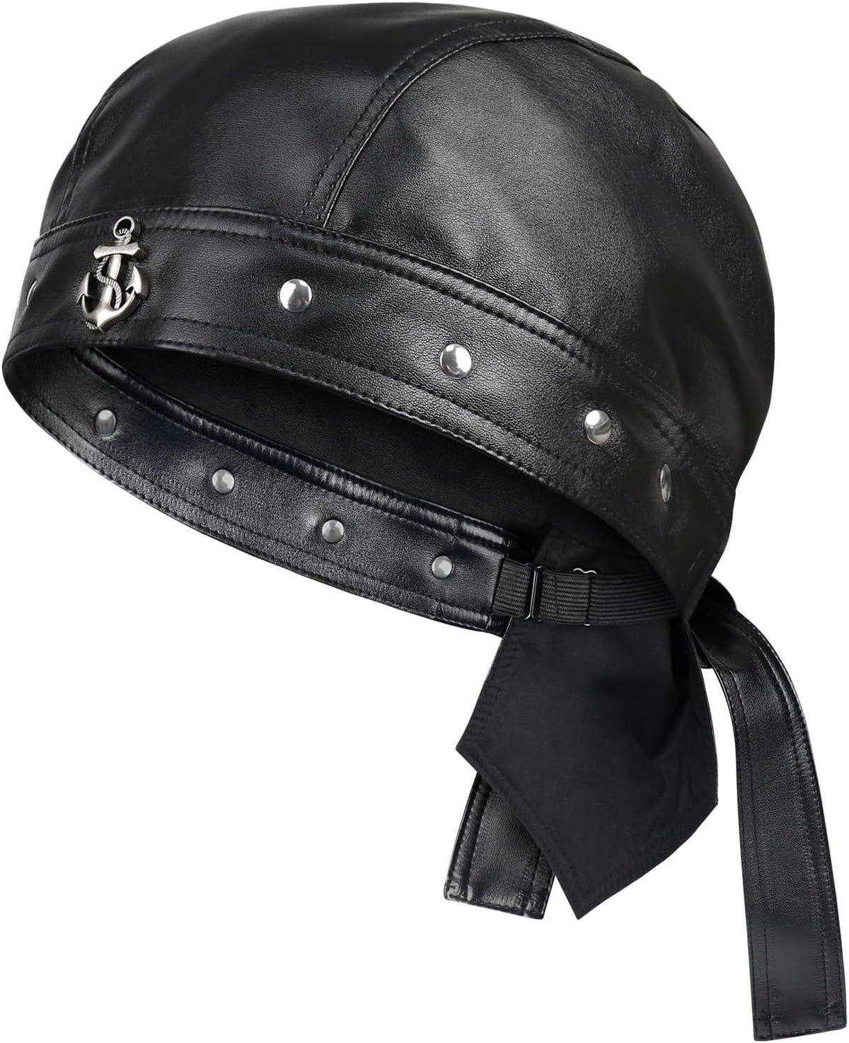 Leather Skull Cap - Adjustable Black Biker Skull Cap, Motorcycle Leather Hat Doo Rag Bandana