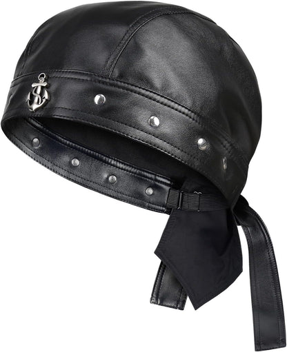 Leather Skull Cap - Adjustable Black Biker Skull Cap, Motorcycle Leather Hat Doo Rag Bandana