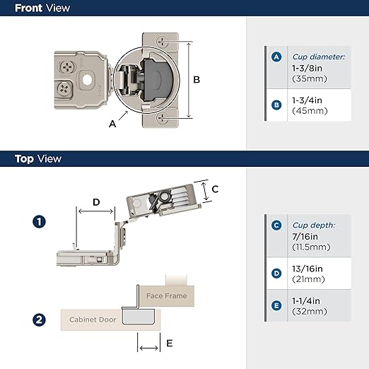Amerock 2 Pack 1-14 inch Overlay Soft-Closing Compact Concealed Hinge for Face Frame Cabinet, 105-degree Opening Angle with 3-Way adjustability