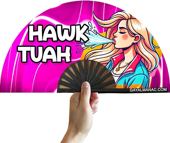 PandaTak Gay Pride Folding Hand Fans, Funny Large 13" Bamboo Fan with UV Reactive Ink, for LGBTQ Circuit Parties EDM Festivals and Raves (Hawk Tuah)
