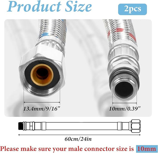 24 Inch Faucet Supply Lines, 2 PCS Faucet Hose Bathroom Kitchen Faucets Lines Braided Stainless Steel Supply Hose for Hot and Cold Water Supply(38-Inch Female Compression Thread X M10 Male Connector)