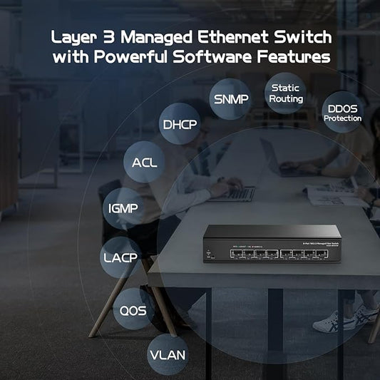Binardat 8 Port 10 Gigabit SFP Managed Switch, Support 1G10G SFP Module, 160Gbps Bandwidth, WebCLI L3 Managed, Metal Fanless Fiber Desktop Network Switch