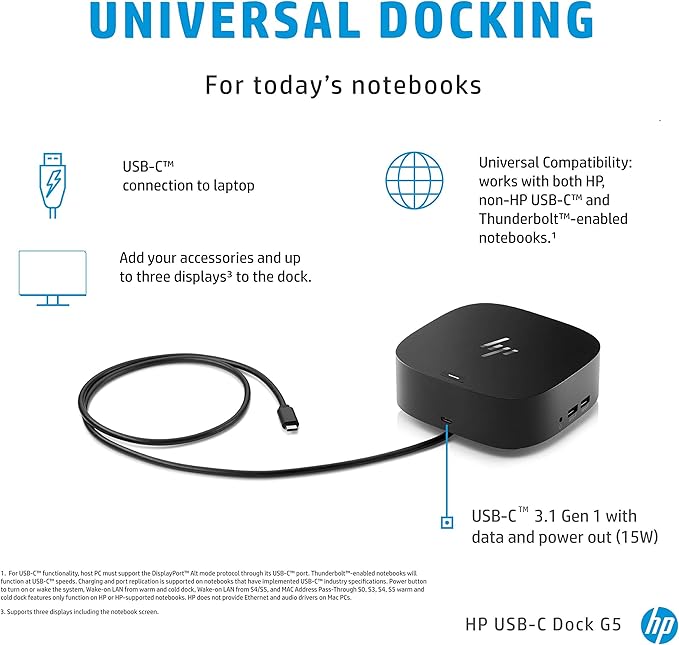 HP USB-C Dock G5-11-in-1 Adapter for Both USB-C and Thunderbolt-Enabled Laptops, PCs,  Notebooks - Single Cable for Charging, Networking, or Data Transfers - Great for Secure  Remote Management