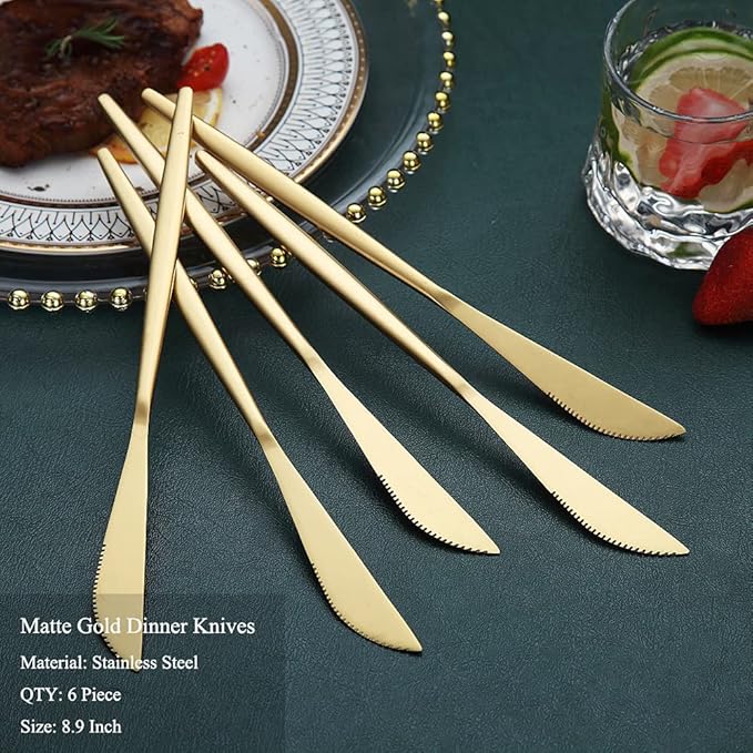 HOMQUEN Dinner Knives 6 Piece, Stainless Steel Matt Gold Dinner Knife, Sturdy butter knife, Modern Design butter knives, Dishwasher Safe (Matt Golden-8.9 Inch)