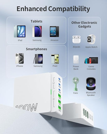 USB C Charger Block Charging Station: 100W 6 Port GaN Fast Charging Brick Hub Cube Box - PD 3.0 Type C  USB A Wall Charger Power Adapter for iPhone 16 Pro Max iPad Samsung Android Pixel