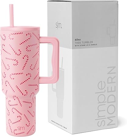 Simple Modern 40 oz Tumbler with Handle and Straw Lid  Insulated Reusable Stainless Steel Water Bottle Travel Mug Cupholder Friendly  Gift for Women Men  Trek Collection  Pink Candy Cane Toss