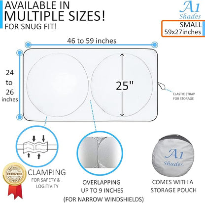 Car Sun Shade with Storage Pouch by A1 Sunshades Shield Protector Blocker Retractable Cover Sunscreen Auto Interior Accessories Visor Small