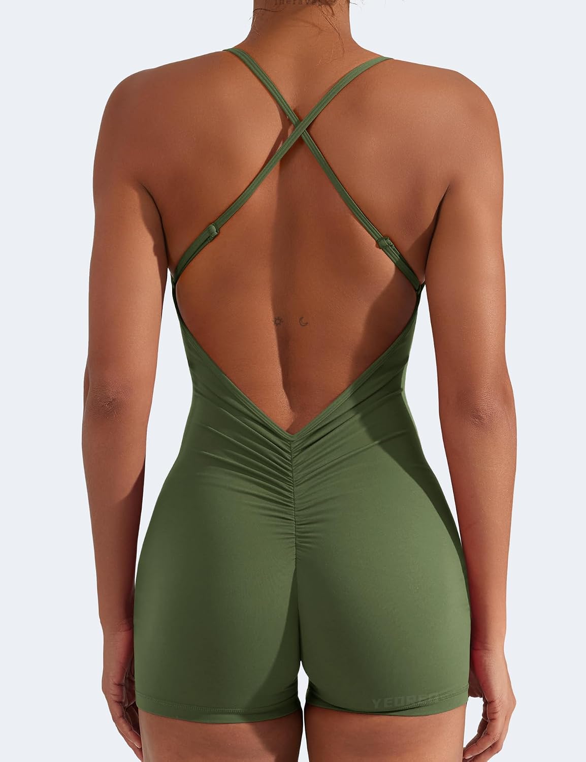 YEOREO Backless Tummy Control Jumpsuits for Women One Piece Workout Jumpsuits Sleeveless V Back Lizvette Scrunch Yoga Rompers.