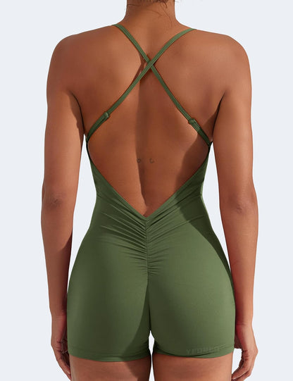 YEOREO Backless Tummy Control Jumpsuits for Women One Piece Workout Jumpsuits Sleeveless V Back Lizvette Scrunch Yoga Rompers.