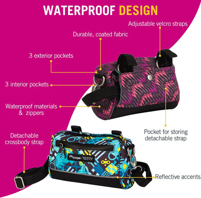Po Campo Kinga Handlebar Bag 2 - Durable, Waterproof Bicycle Storage Baskets for Front Mount - Compact Bike Bags that Convert to Crossbody (Black Ripstop)