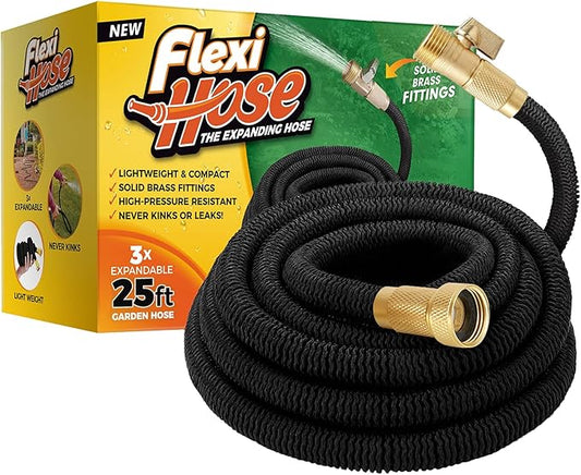 Flexi Hose Lightweight Expandable Garden Hose, No-Kink Flexibility, 34 Inch Solid Brass Fittings and Double Latex Core (25ft, Black)