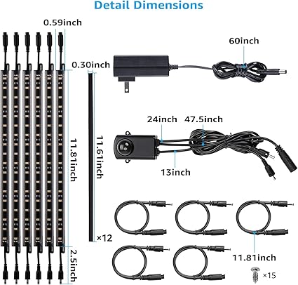 TORCHSTAR LED Safe Lighting Kit, (6) 12 Inch Linkable Light Bars  Motion Sensor  UL Power Adapter, 900LM, Input 100-240V, for Under Cabinet Gun Safe Locker Closet Showcase, 5000K Daylight