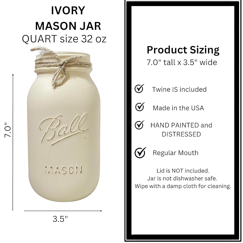 Ivory - Hand Painted and Distressed Mason Jar - Quart 32 oz. Regular Mouth, Rustic Farmhouse Painted Mason Jars, Vase For Wedding Centerpiece, Painted Mason Jar Quart, Rustic Mason Jars for Wedding