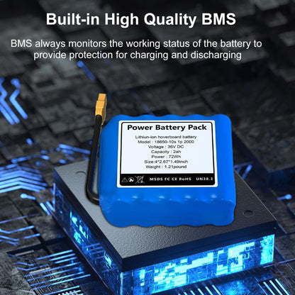 36V 2Ah Battery Universal Use with 72Wh Power High Performance Powerful Pack 10S1P, Size About 4 * 2.67 * 1.49 inch