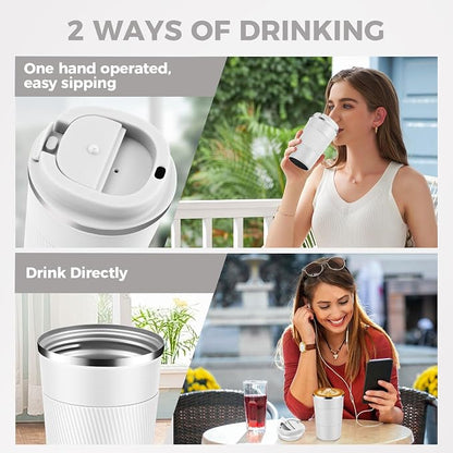 13 oz Stainless Steel Insulated Travel Coffee Mug with Fip Lid,Reusable Double Wall Vacuum Metal Coffee Cup,Portable to Go Leak Proof Cafe Thermal Tumbler for Hot & Cold Drinks(White,1)
