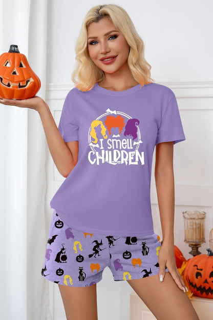 Ithalt Halloween Pajamas Women Pumpkin Short Sleeve Tops and Shorts Pjs Set Fall Sleepwear Spooky Pajamas