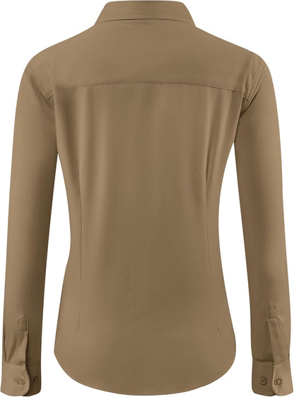 hearain Soft Wrinkle-Free Women's Button Down Dress Shirts Solid Long Sleeve Work Blouses Fit Stretch Casual Tops XXS-6XL