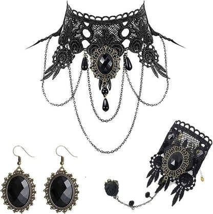 Dreuyet Black Choker Lace Necklace Bracelet Earrings Set for Women Elegant Sexy Vintage Princess Black Lace Gothic Statement Jewelry Set Victorian Lolita Choker Vampire Chain Halloween Costumes ( gold-black )