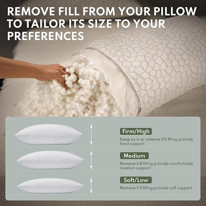 Cooling Pillows Queen Size Set of 2 - Shredded Memory Foam Pillow for Sleeping 2 Pack, Adjustable Cool Bed Pillows for Side, Back, and Stomach Sleepers, Gel Pillow Washable Removable Cover