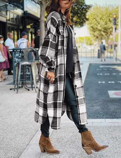 SKIKYAN Women Fall Flannel Plaid Shacket Jacket Oversized Button Down Long Shirt Jacket