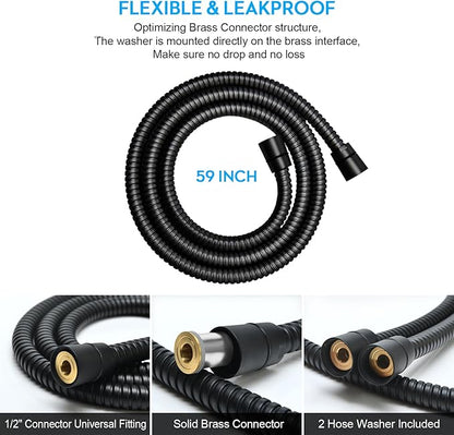 Shower Hose Extra Long 59 Inches Handheld Shower Head Hose with Brass Insert and Nut - Durable and Flexible - Black