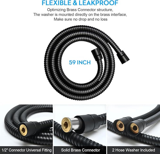 Shower Hose Extra Long 59 Inches Handheld Shower Head Hose with Brass Insert and Nut - Durable and Flexible - Black