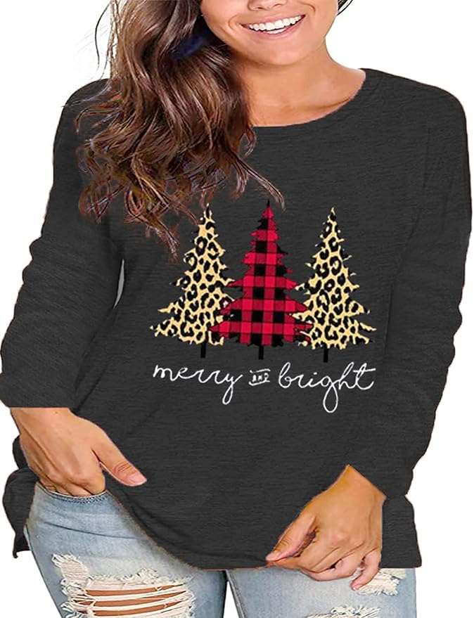 Plus Size Christmas Shirt Women Merry and Bright Long Sleeve Merry Christmas Long Sleeve Xmas T Shirts Tops
