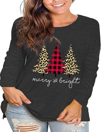 Plus Size Christmas Shirt Women Merry and Bright Long Sleeve Merry Christmas Long Sleeve Xmas T Shirts Tops