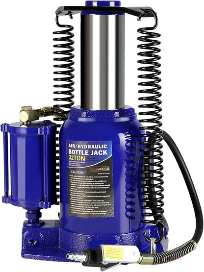 HomVent Pneumatic Air Hydraulic Bottle Jack, 32 Ton Car Bottle Jack Hydraulic with 10.4-16.3 Inch Lifting Range and 2-Section Long Handle for Car, Pickup Truck, Truck, RV, Auto Repair (Blue, 32 Ton)