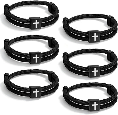TempBeau Christian Cross Rope WWJD Bracelet Set - 6Pcs Braided Cord Bracelet for Men Nautical Surf Beach Bracelets Handmade Woven String Friendship Bracelets Jesus Religious Gift for Him