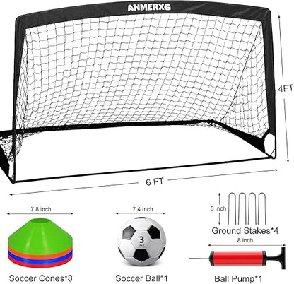 6x4FT Kids Soccer Goal for Backyard Set Portable Soccer Goal with Ball Pump and Cones Soccer Net Set of 2 Training Equipment Outdoor Sports Gift