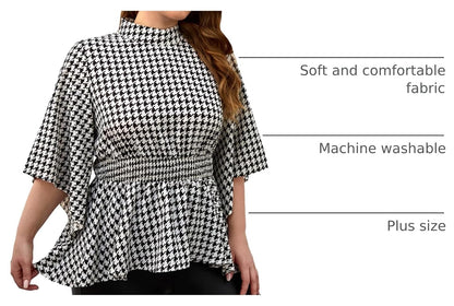 WDIRARA Women's Plus Size Houndstooth Print Plaid Ruch Ruffle Hem High Neck Flare Half Sleeve Casual Blouse Tops.