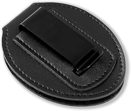 AKITSUMA Police Badge Holder, Made of Cowhide, Universal, Black, Law Enforcement Badge Holder, Metal Clip and Chain Included (Police Badge Holder)