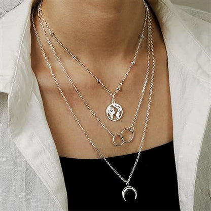 Bohemia Dainty Layered Necklace Trendy Moon Necklaces Map Pendant Jewelry Delicate Choker Chain Multi layer Crescent Disc Necklaces for Women