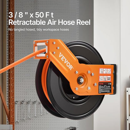 VEVOR Retractable Air Hose Reel, 3/8IN x 50FT Rubber Air Hose Max 300PSI, Air Compressor Hose Reel Auto-Rewind with 5FT Lead in, Ceiling/Wall Mount Heavy Duty Single Arm Reel & 180° Swivel Bracket