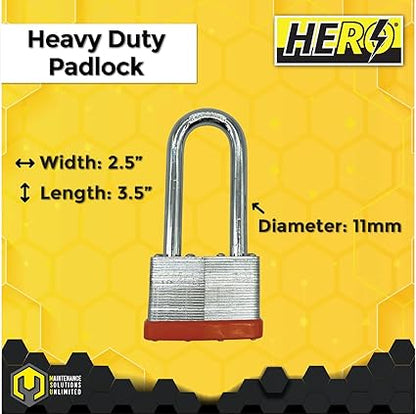 HERO 2.5" 65mm Heavy Duty Laminated Padlock Reinforced Hardened Steel Shackle for Trailers Machinery Lockers Garages Doors Gates Includes 2 Keys Unique Pattern for Every Lock Pack of 1