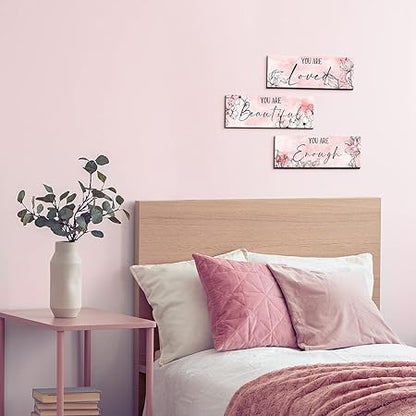Yookeer 3 Pcs Floral Wooden Hanging Wall Art Inspirational Quotes You Are Beautiful Room Picture Decor Thank you Birthday Women Gift Teacher Assistant(4 x 11 Inch,Pink)
