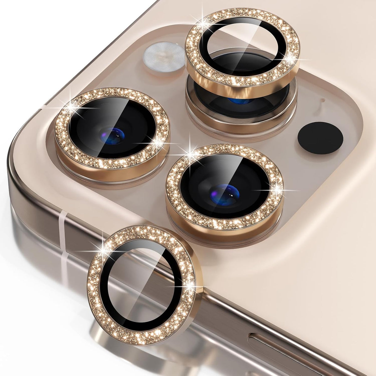 Misea Compatible for iPhone 16 Pro/iPhone 16 Pro Max Camera Lens Protector Bling, 9H Tempered Glass Camera Cover Screen Protector Metal Individual Ring Protector Decoration Accessories, Gold Glitter