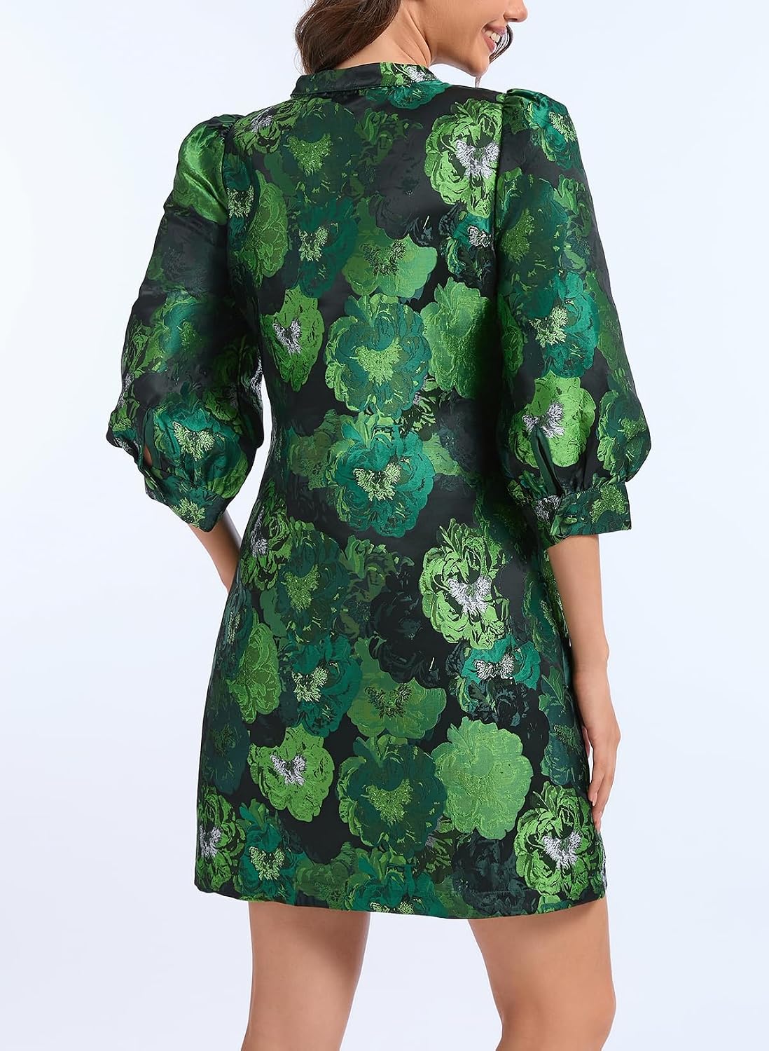 Ladyful Women's Floral Jacquard Shift Dress 2026 Long Puff Sleeve Button Up Elegant Cocktail Party Mini Dress