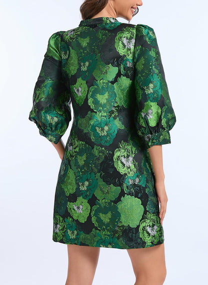 Ladyful Women's Floral Jacquard Shift Dress 2026 Long Puff Sleeve Button Up Elegant Cocktail Party Mini Dress