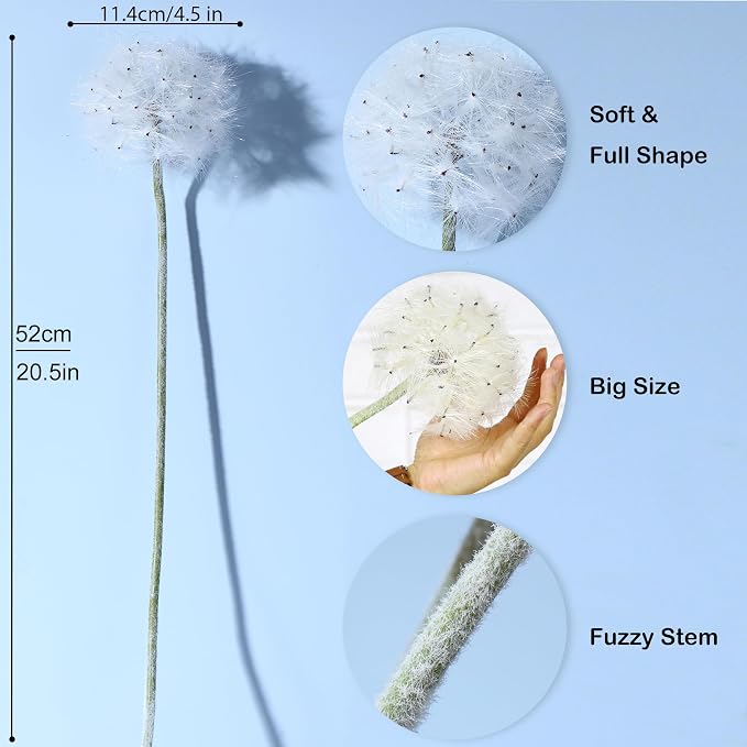 TOPIA Artificial Dandelion Flowers Lovely Faux Dandelion Flowers for Home Decoration (4 Pcs) (White) (22" long)