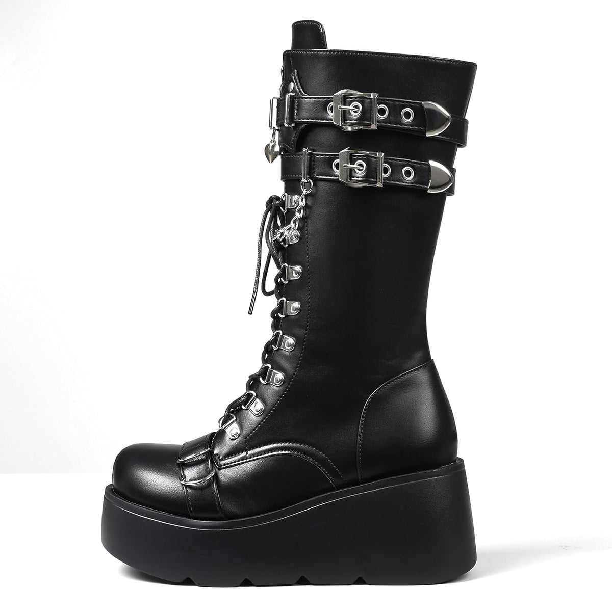 Women's Black Platform Boots Wedge Combat Gothic Chunky Heel Lace Up Mid Calf Punk Motorcycle Shoes