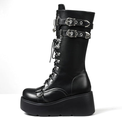 Women's Black Platform Boots Wedge Combat Gothic Chunky Heel Lace Up Mid Calf Punk Motorcycle Shoes
