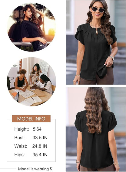 Dokotoo Womens Summer Tops Button Down Crew Neck Short Sleeve Shirts Business Casual Loose Work Chiffon Blouses