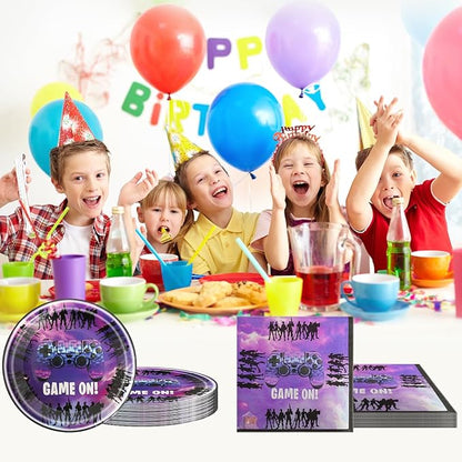 Video game party tableware set, includes 20 plates and 20 napkins, birthday decoration for video game themed parties, baby shower