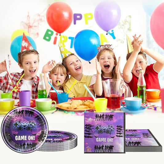 Video game party tableware set, includes 20 plates and 20 napkins, birthday decoration for video game themed parties, baby shower
