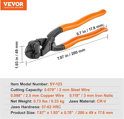 VEVOR Bolt Cutter, 8" Mini Lock Cutter, Streamlined Ergonomic Handle, Chromium Vanadium Alloy Steel Blade, Heavy Duty Bolt Cutter for Rods, Bolts, Steel Wires, Cables, Rivets, and Chains